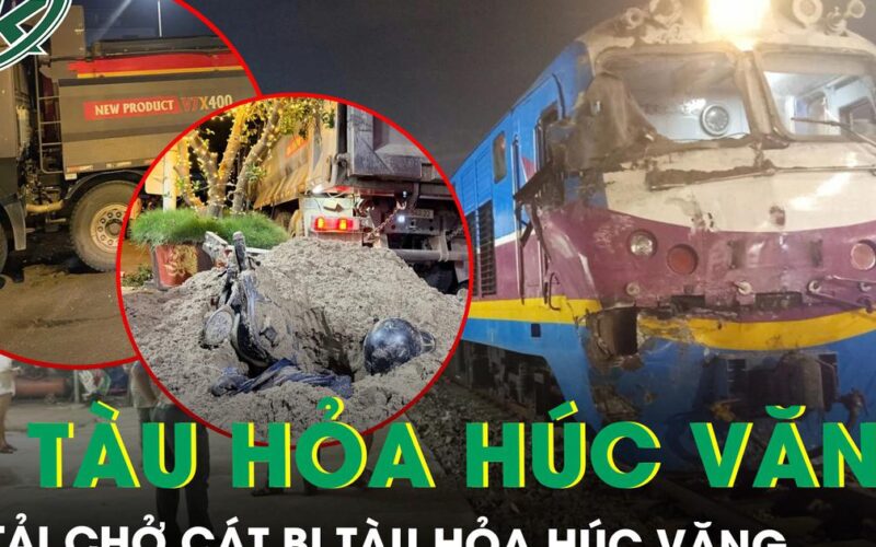 Cố vượt qua đường sắt, xe tải chở cát bị tàu hỏa húc văng, tài xế thoát nạn trong gang tấc